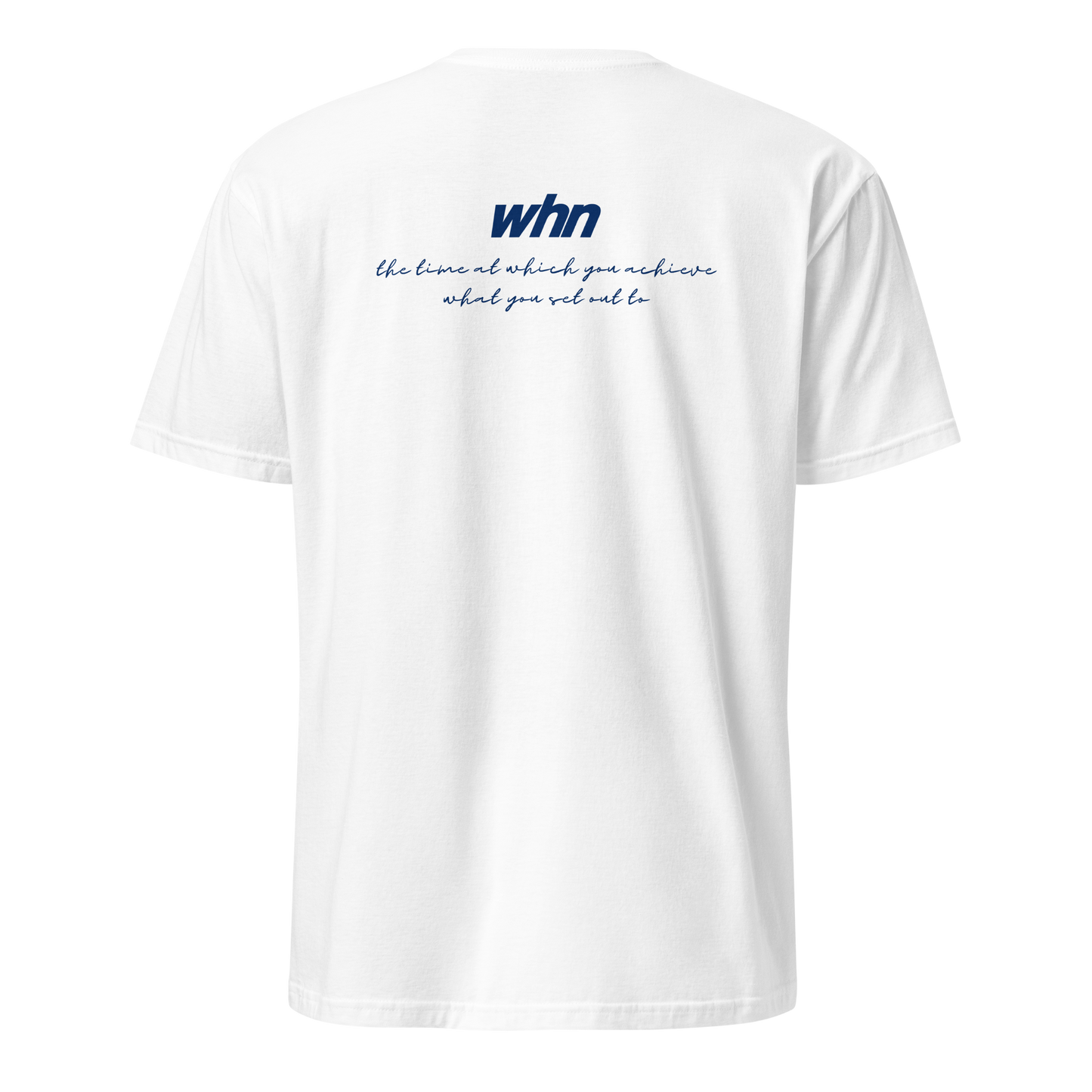 back view of the crossout shirt in white featuring blue whn logo and motivational text across the upper back.
