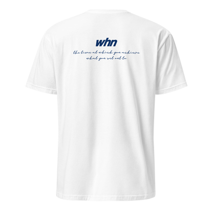 back view of the crossout shirt in white featuring blue whn logo and motivational text across the upper back.