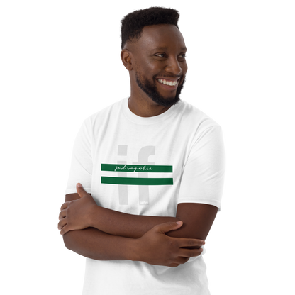 model wearing the crossout shirt in white featuring green stripes and the text 'just say when' over a faded 'if' design.