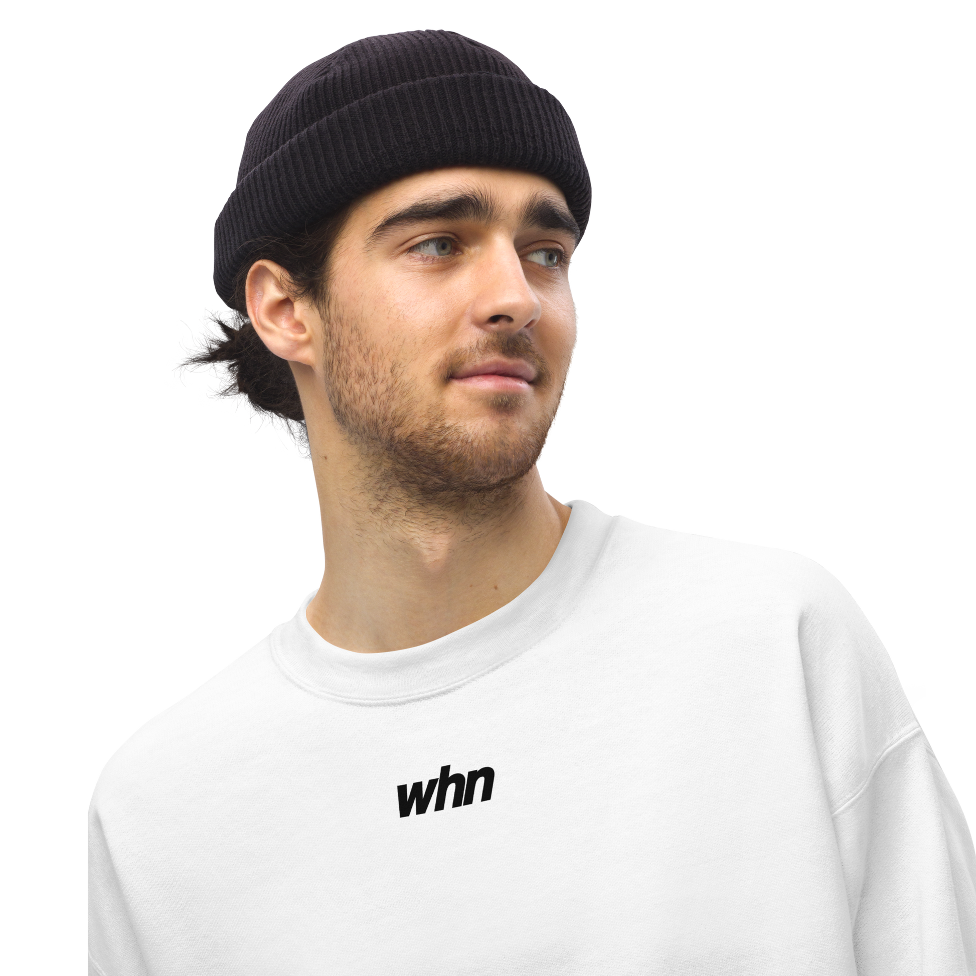 model wearing the humble sweatshirt featuring a black logo in the middle