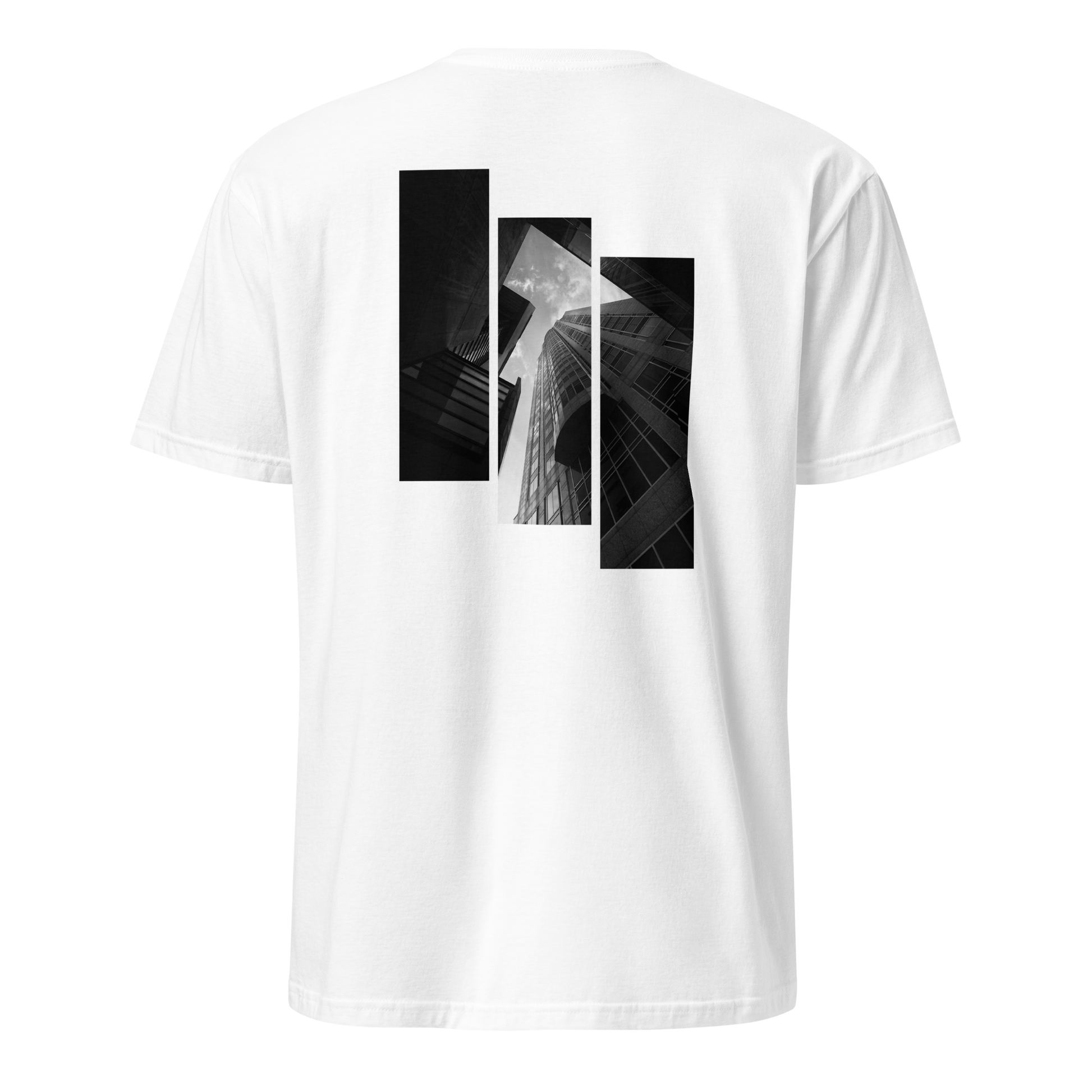 the back of the white rise shirt featuring a black and white city architecture design.