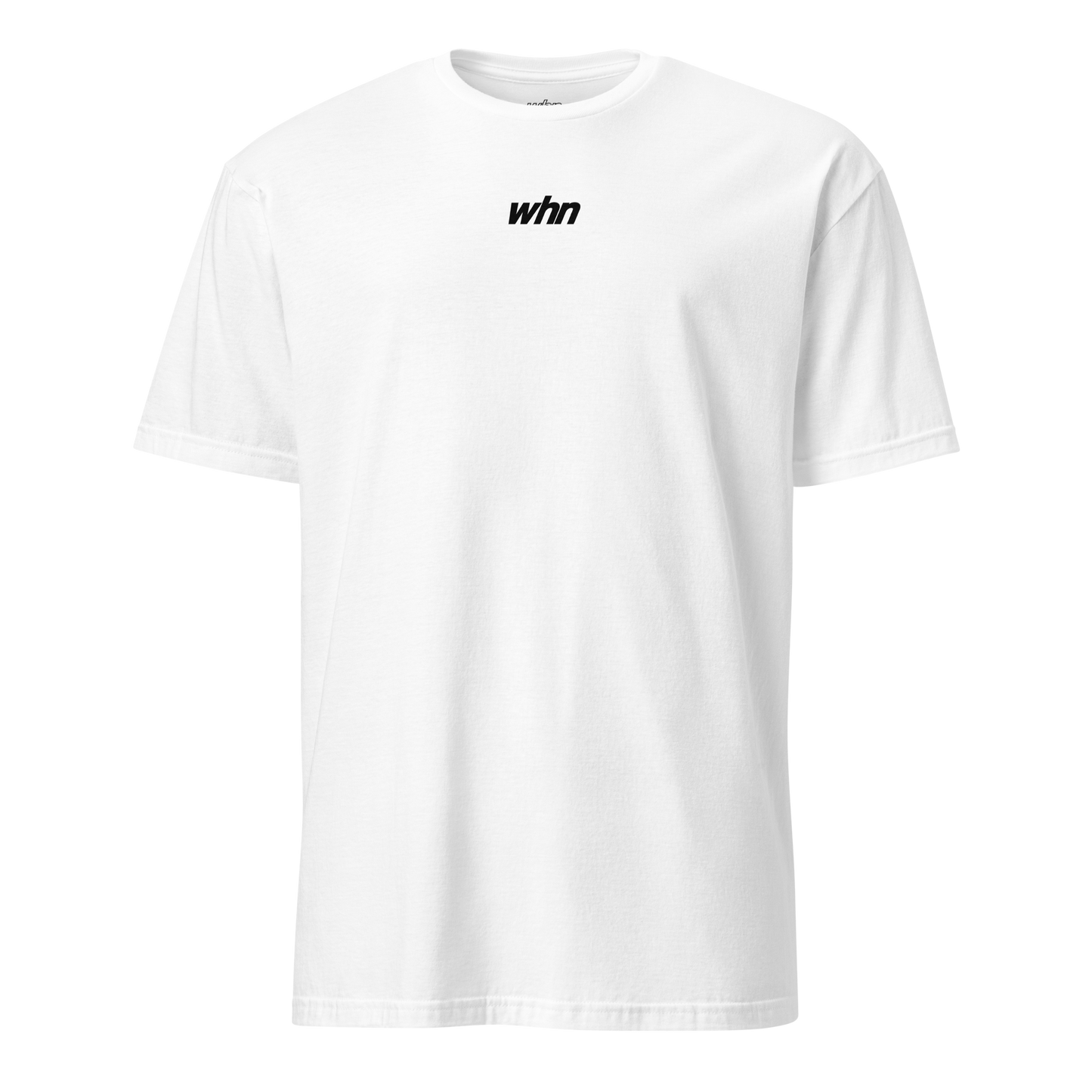 the front of the white rise shirt with small black ‘whn’ logo on the chest.