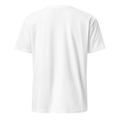 back view of the score shirt in white.