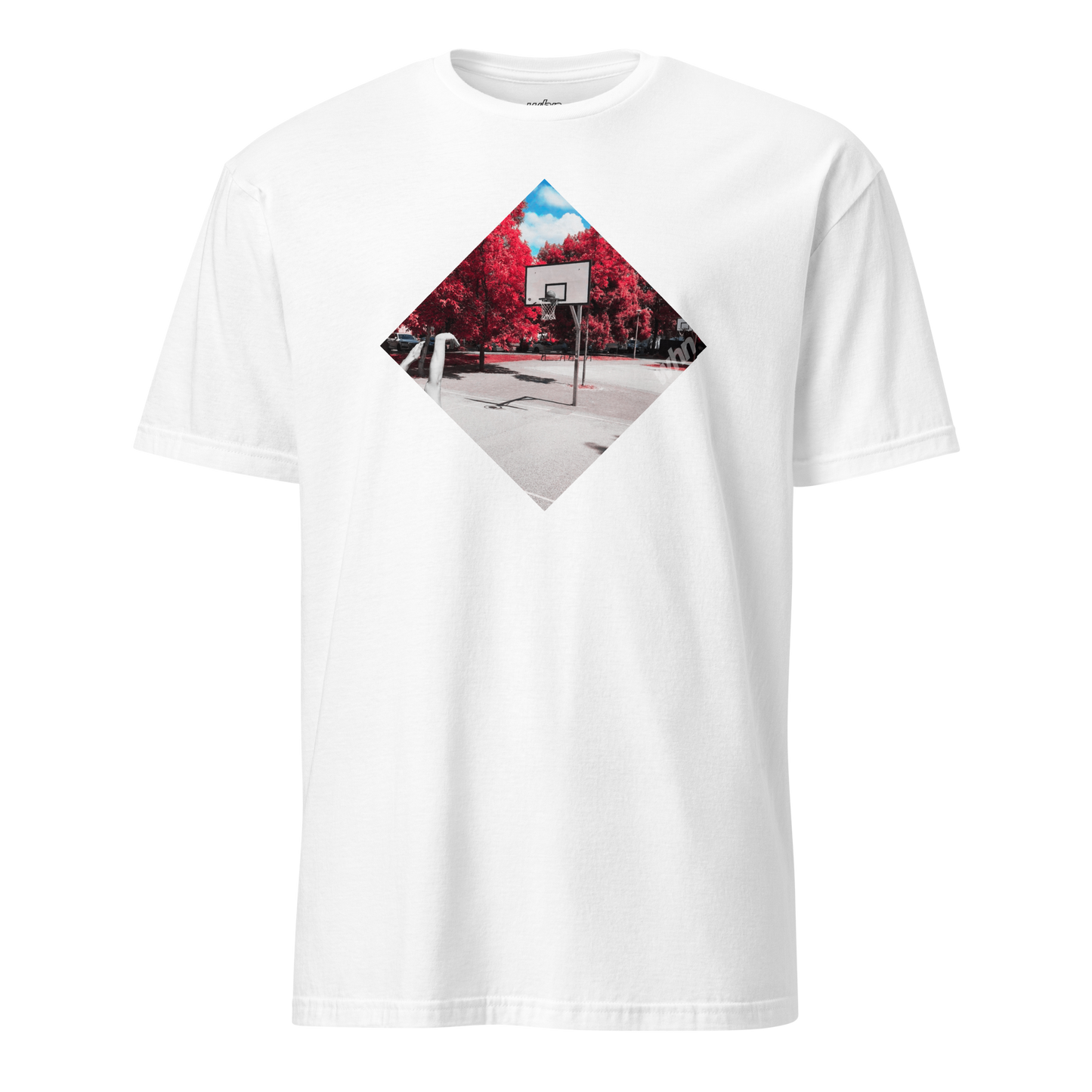 the score shirt in white featuring a basketball hoop graphic with red trees and blue sky on the front.