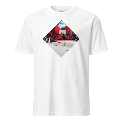 the score shirt in white featuring a basketball hoop graphic with red trees and blue sky on the front.