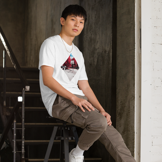model wearing the score shirt in white featuring a basketball hoop graphic, seated on a stool in an urban setting.